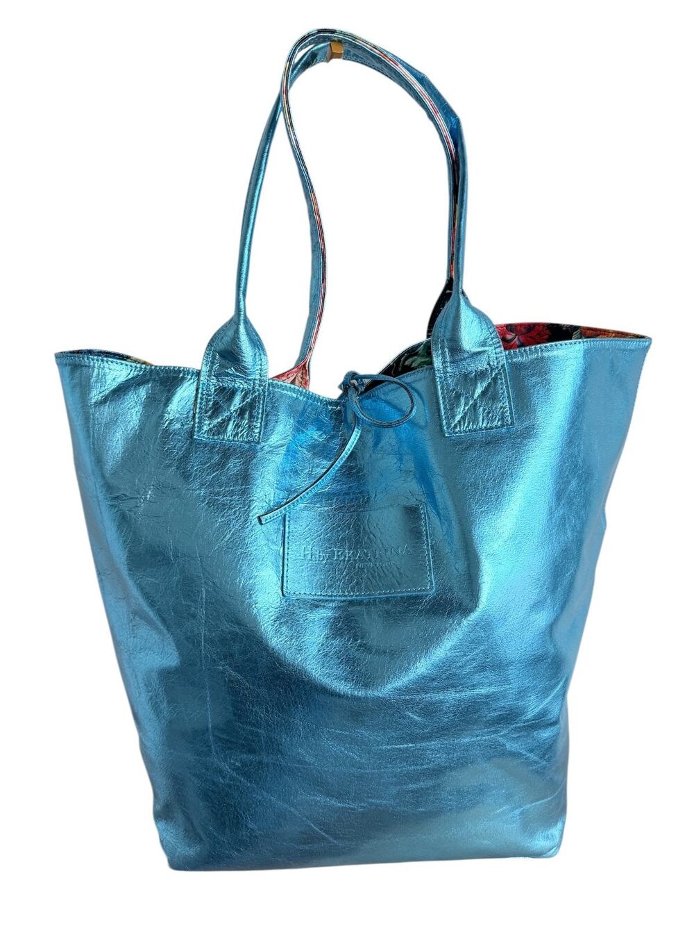 H by Ekatrina Hampton Reversible Tote Metallic Bubble Blue Floral Pigskin